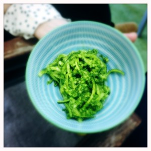 courgette spaghetti, millet, preserved lemon and herb pesto