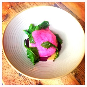 goats cheese ravioli with pickled beetroot