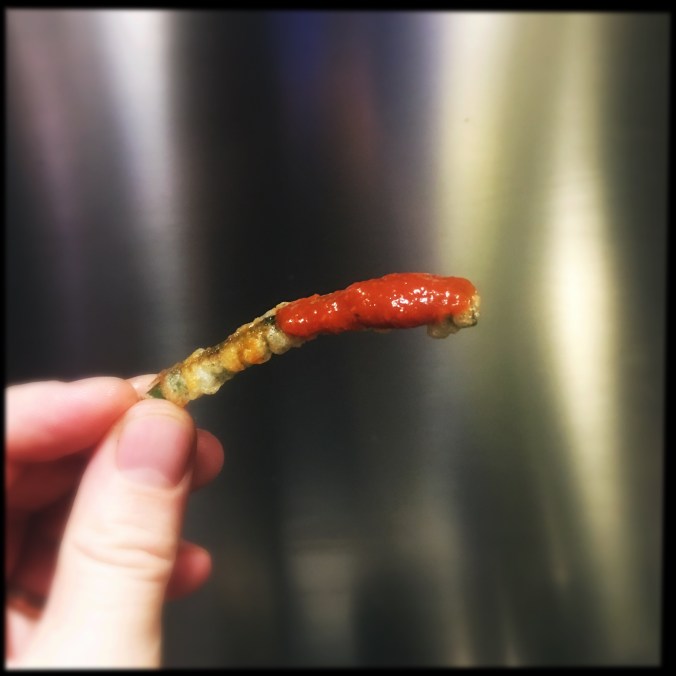 little fish (green beans) with chilli tomato sauce